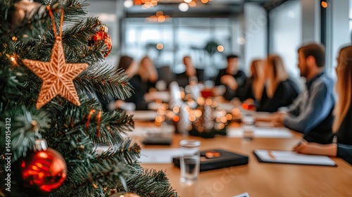 Blurred business meeting scene with festive Christmas tree.
