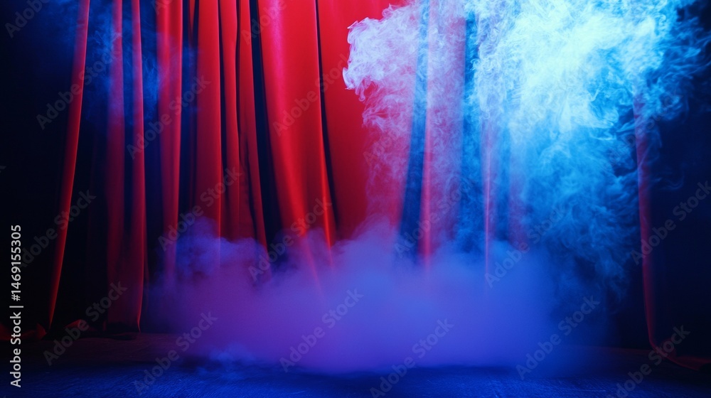 Fototapeta premium Theater stage with red curtain and fog machine in moody dramatic light performance entertainment atmosphere scene