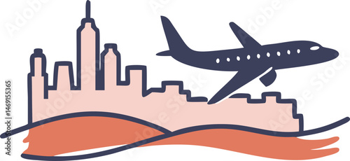 A jet aircraft flies over the city skyline against the vast sky, symbolizing air transport and travel