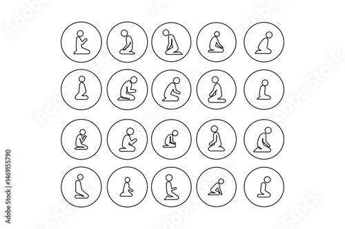 Editable Islamic Prayer Vector Icons, muslim prayer icon vector, namaz flat icon pack, muslim worship pose vector