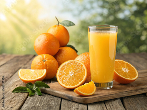 Orange juice in glass with oranges on natural bokeh background.