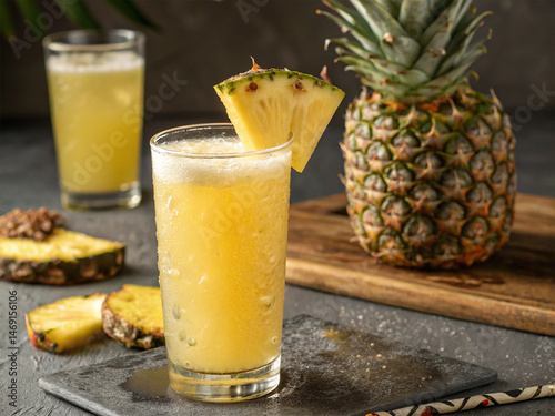 Pineapple juice in glass with pineapple.