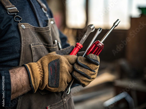 Hands of a mechanic holding small repair tools.