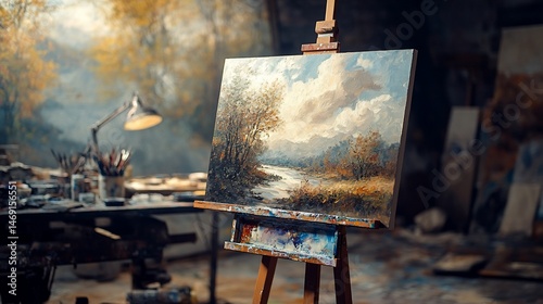 Oil painting of a landscape on an easel inside an artist's studio atmosphere