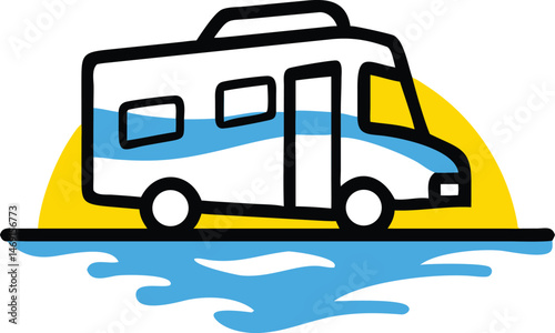 A vector illustration shows an isolated blue van, a public transport vehicle like a bus or coach