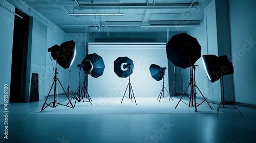 Professional photography studio setup with lighting and backdrop equipment