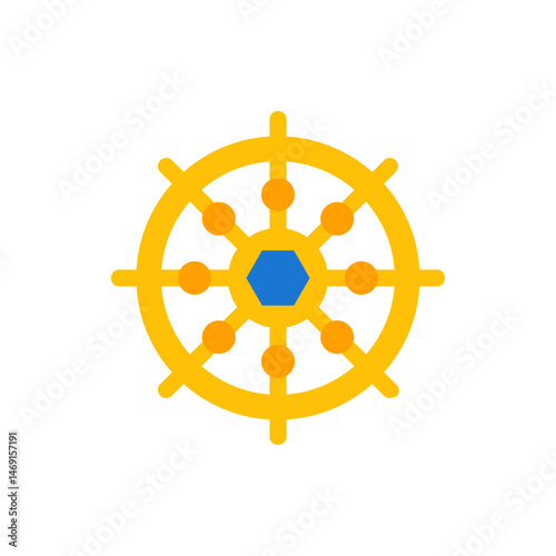 Illustration of a golden dharma wheel with blue hexagon center and orange circle accents on a white background