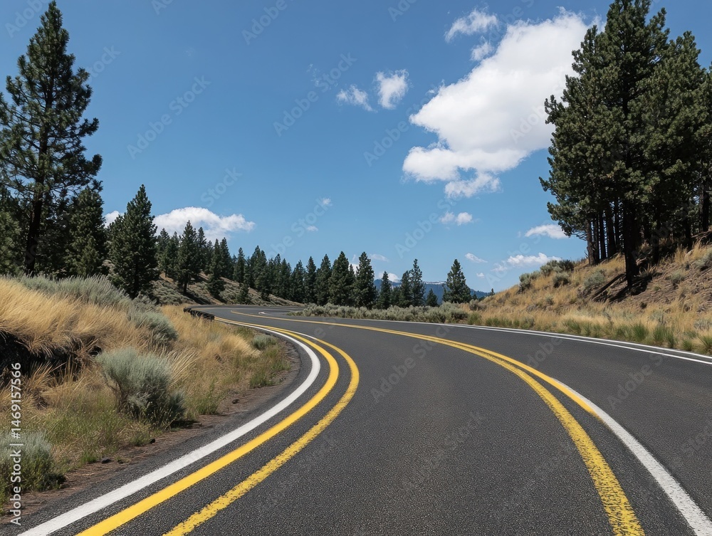 Fototapeta premium Winding road through a pine forest on a sunny day