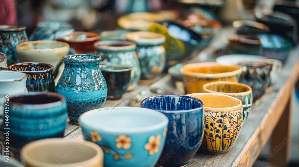 Shelf full of ceramic cups and mugs blue tones handcrafted pottery artistic texture market colorful style Shelf full of ceramic cups and mugs blue tones handcrafted pottery artistic texture market colorful style