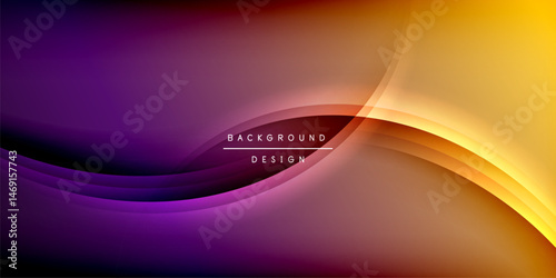 Abstract waves blend purple, orange, yellow hues. Smooth gradients create dynamic visual flow. Minimalist design with text overlay.