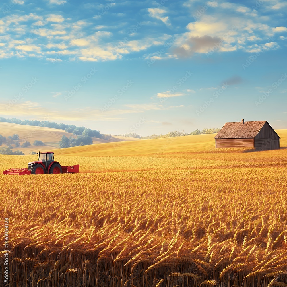 Fototapeta premium Golden Wheat Field with Tractor and Barn