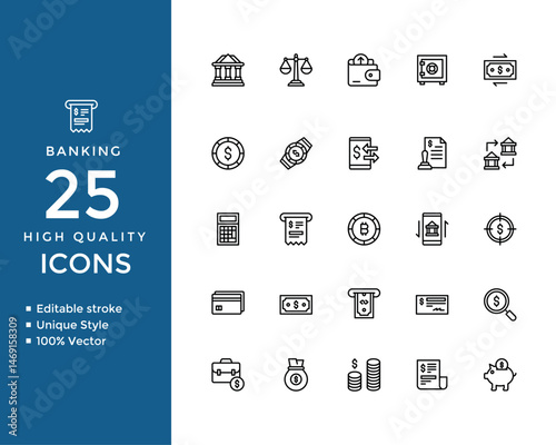 Banking and Finance Line Icons – Editable Stroke Vector Symbols Including Wallet, Safe, ATM, Mobile Banking, Money Transfer, Dollar, Cryptocurrency, Loan, Bill, and Payment Icons Set