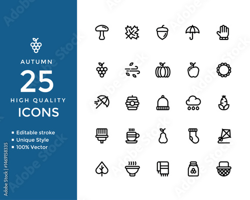 Autumn Season Line Icons Set – Editable Stroke Fall Symbols Including Pumpkin, Leaves, Acorn, Wind, Food, Hat, Rain, Apple, and More – Minimal Outline Vector Collection