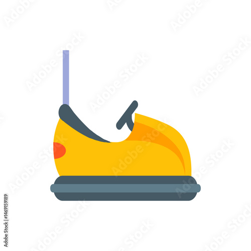 Illustration of a yellow bumper car with a gray base and steering wheel on a white isolated background.