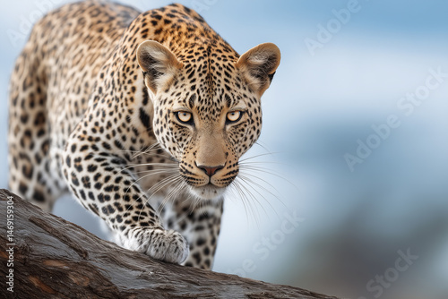 Powerful leopard crouched on a tree branch with intense gaze and muscular form, highlighted by dramatic lighting and a soft forest backdrop.
 photo