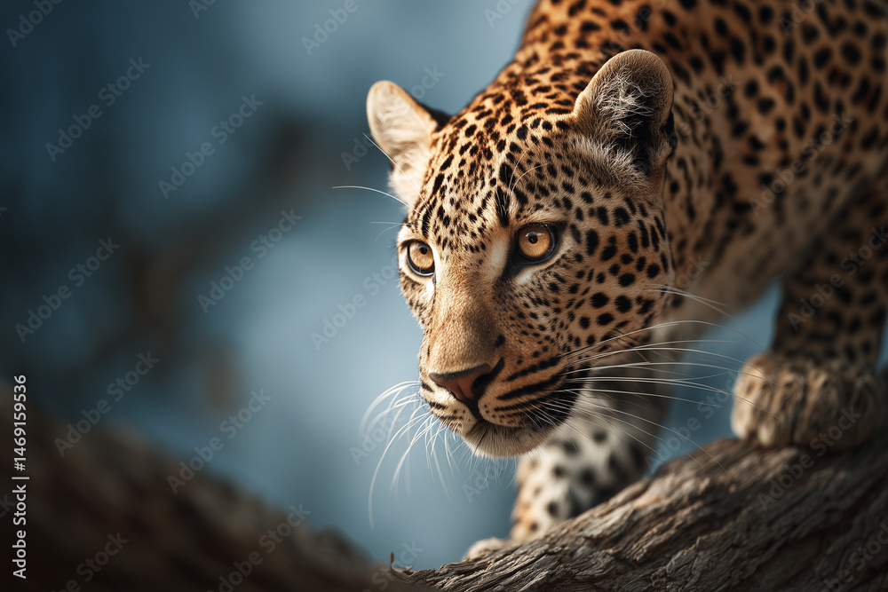 Fototapeta premium Powerful leopard crouched on a tree branch with intense gaze and muscular form, highlighted by dramatic lighting and a soft forest backdrop. 