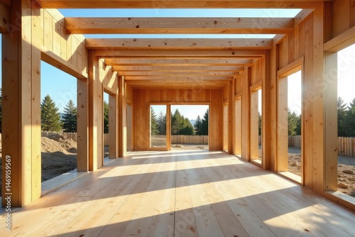 New home construction, framing nearly complete Sunlight illuminates the structure , project, house