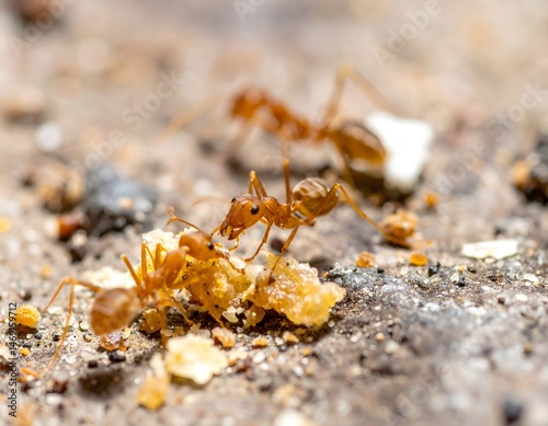 Macro close-up of red ants collecting food crumbs on the ground