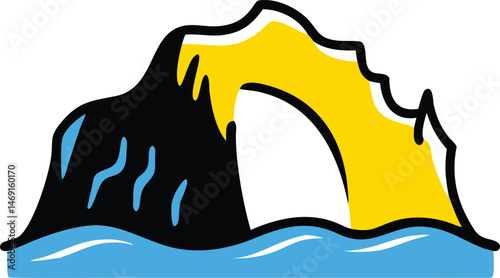 Vector art featuring a blue boat silhouette and a black mountain symbol