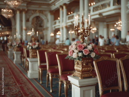 a classic wedding aisle with rich velvet runners, ornate floral arrangements featuring roses and lilies, and candelabras casting warm light. photo