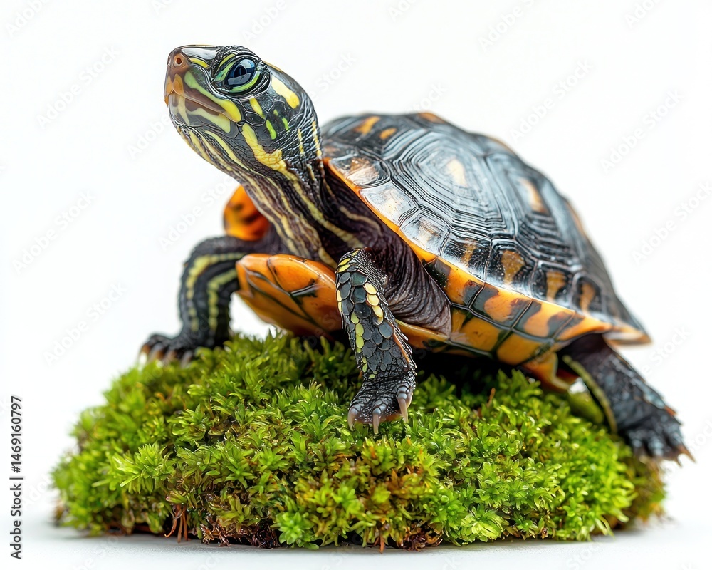 Fototapeta premium Colorful turtle resting on lush green moss, showcasing vibrant patterns and textures