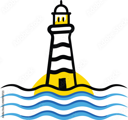 A white and red striped lighthouse tower, a vital nautical beacon for sea navigation and safety, stands tall against the sky on the coast