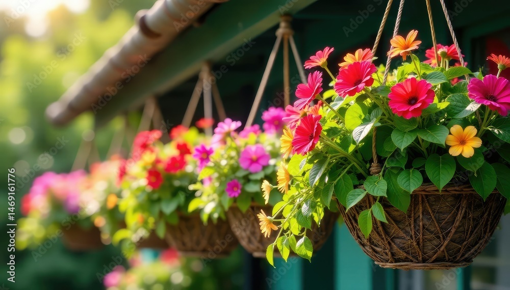 Fototapeta premium Vibrant hanging baskets overflowing with colorful flowers and lush greenery , container gardening, plants