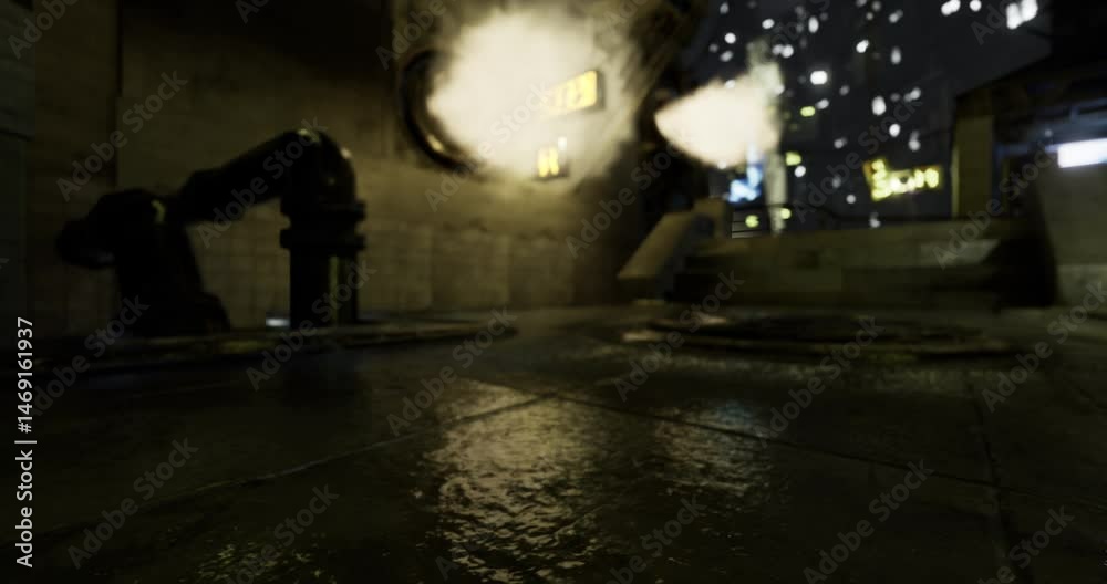 In a dimly lit urban alleyway, steam escapes from vents while colorful lights from the distant skyline create a vibrant atmosphere. The wet pavement reflects the light beautifully. In a dimly lit urban alleyway, steam escapes from vents while colorful lights from the distant skyline create a vibrant atmosphere. The wet pavement reflects the light beautifully.