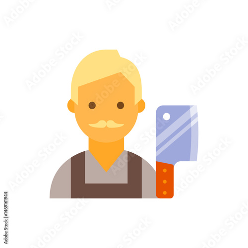 Illustration of a butcher with blonde hair and a mustache holding a cleaver in a flat design style
