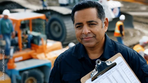 A Hispanic male foreman stands at a bustling construction site, holding a clipboard, radiating confidence amidst machinery and workers