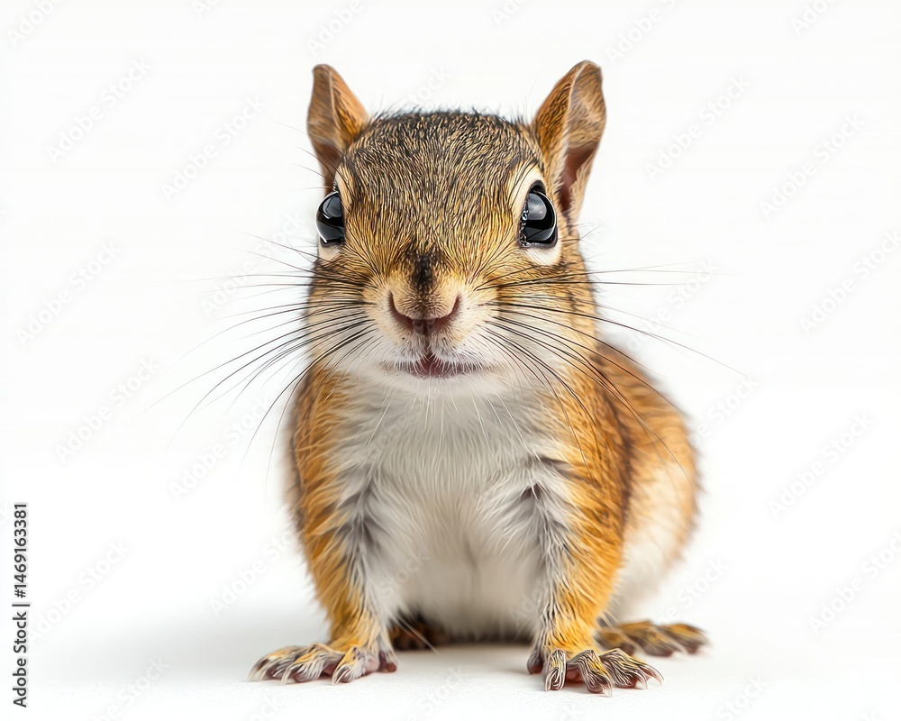 Fototapeta premium Close-up of a curious squirrel with bright eyes and detailed fur on a white background