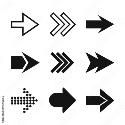 Premium arrow icon set with nine black vector silhouettes each isolated on a transparent background ideal for digital and print layouts