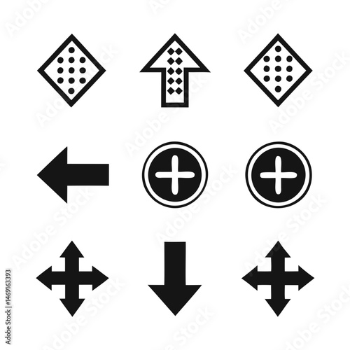 High quality black arrow vector icon pack with nine distinct silhouettes displayed clearly on transparent background for clean design needs
