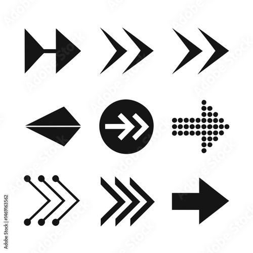Premium arrow icon set with nine black vector silhouettes each isolated on a transparent background ideal for digital and print layouts