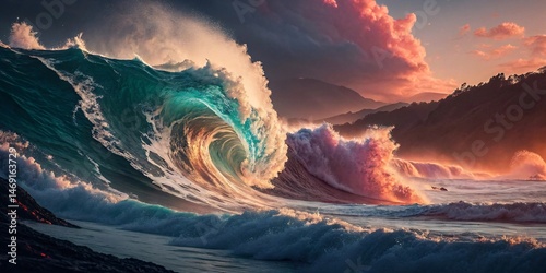 Majestic Ocean Waves at Sunset with Dramatic Skies