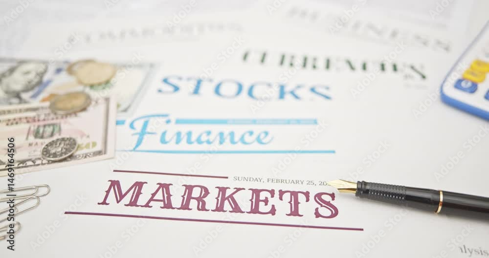 Financial markets, investments, and economic news : Currency notes, coins, and a pen placed on papers, symbolizing financial transactions, investments, currency, business, and stock market analysis.