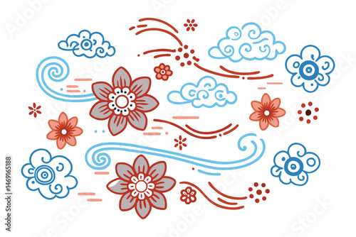 Cloud puff petals linked like garlands with dew-like dot accents