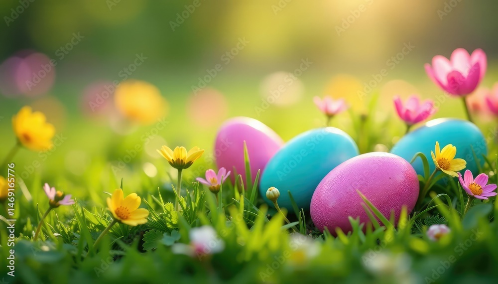 Colorful Easter eggs hidden in spring grass, nestled amongst blooming flowers , season, pastel, grass Colorful Easter eggs hidden in spring grass, nestled amongst blooming flowers , season, pastel, grass