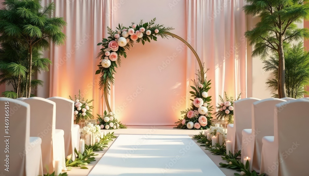Fototapeta premium Elegant wedding ceremony setup with floral arrangements and modern decor , leaves, patterns, ceremony