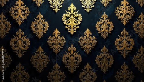 Intricate damask pattern in elegant gold on a dark background Perfect for textile, wallpaper, or design projects , luxury design, damask, design
