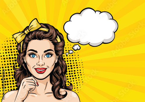 Young girl with speech balloon in pop art style. vector illustration on color background