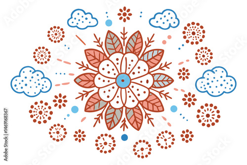 Half-circle cloud petals with dotted pollen gradients at the center