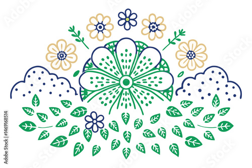 Half-circle cloud petals with dotted pollen gradients at the center