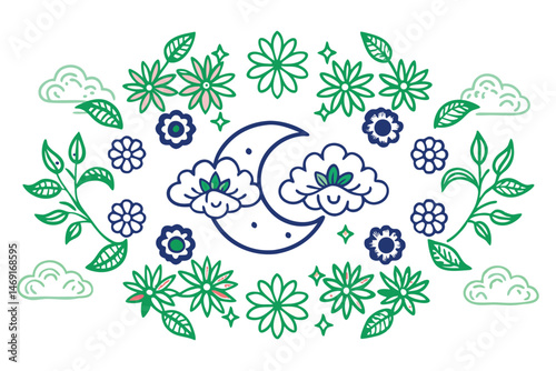 Half-moon cloud curves form petals in circular or crescent flower heads