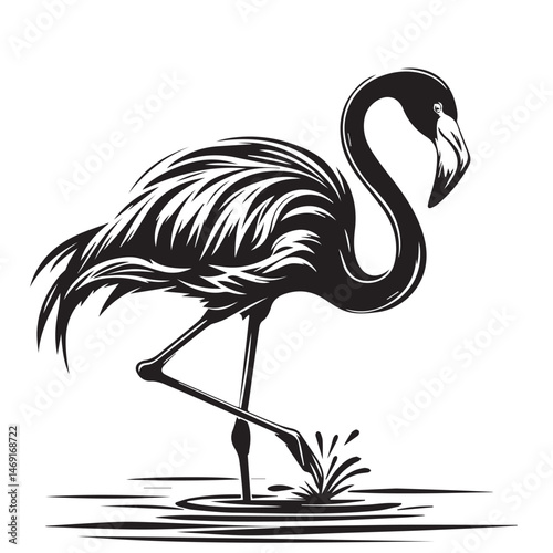 Elegant black and white flamingo silhouette in water with spilled splash graphic