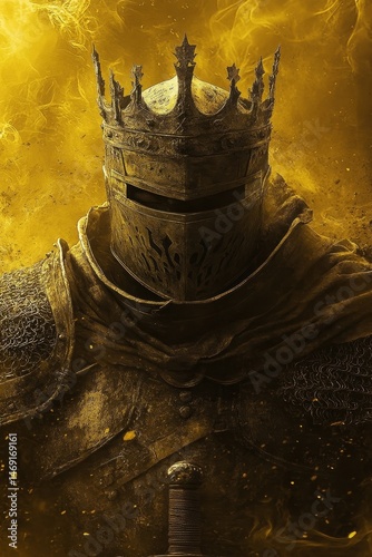 Medieval crowned knight in armor holding sword on golden smoky background.