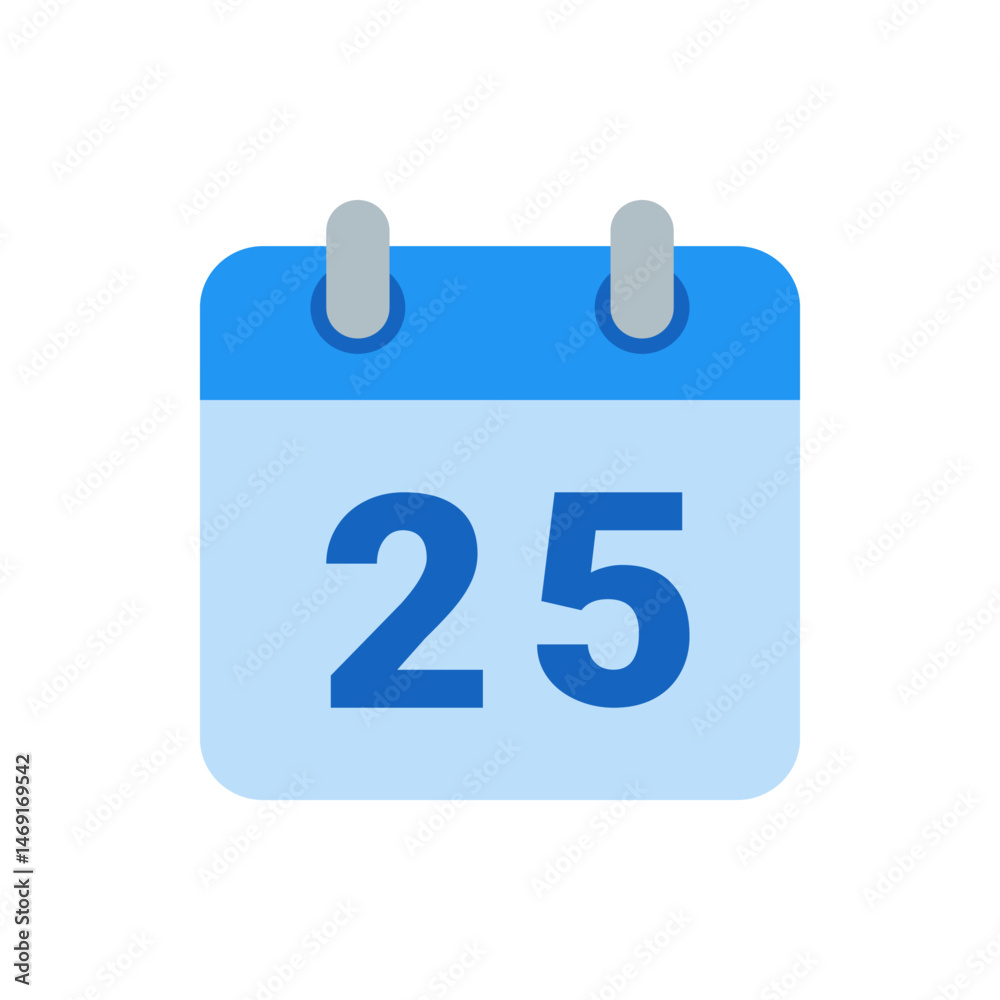 Illustration of a blue calendar icon with the number twenty five displayed prominently on the page face Illustration of a blue calendar icon with the number twenty five displayed prominently on the page face