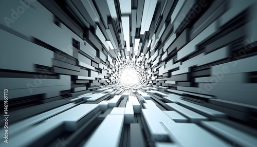 Abstract, tunnel, futuristic, corridor, perspective, motion blur, speed, light at the end, geometric, shapes, rectangles, blocks, gray, white, dark, technology, sci-fi, digital, cyberspace, data, 