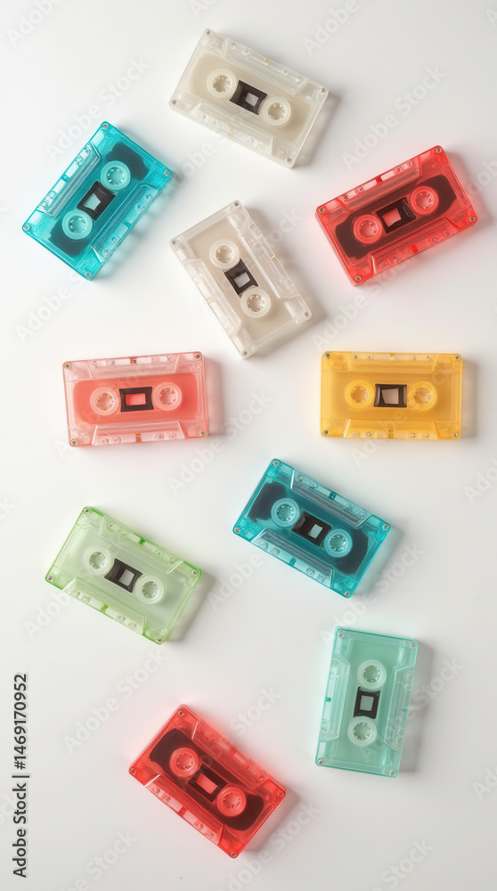 Obraz premium Collection of Colorful Transparent Audio Cassette Tapes on White.