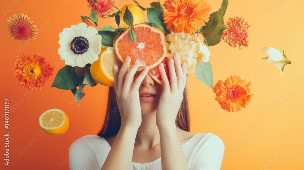 custom made wallpaper toronto digitalCreative portrait of woman with flowers and orange fruit surreal colorful fantasy joyful expression